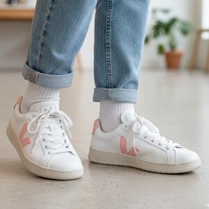 VEJA Esplar White Leather Sneakers Petal Pink Logo EU 36